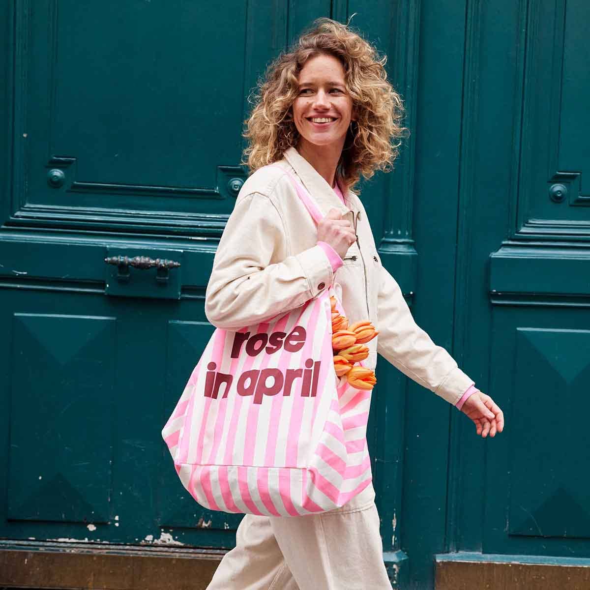 ELISA ECRU - NEONPINKE GESTREIFTE TASCHE MIT LOGO: NEONROSA/ECRU / STREIFEN